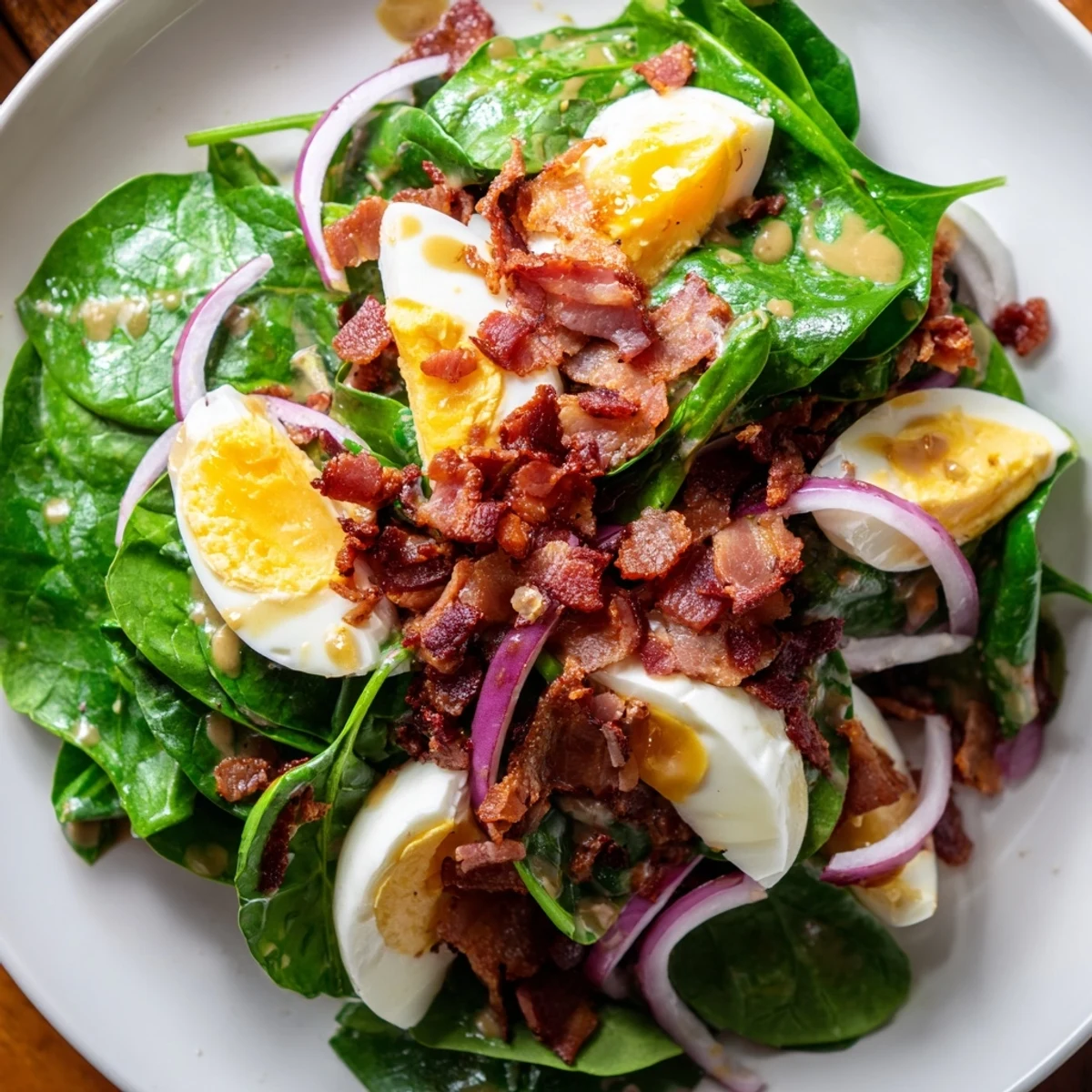Fresh and vibrant Spinach Salad with Bacon, featuring crispy bacon and bright red tomatoes, ready to serve.