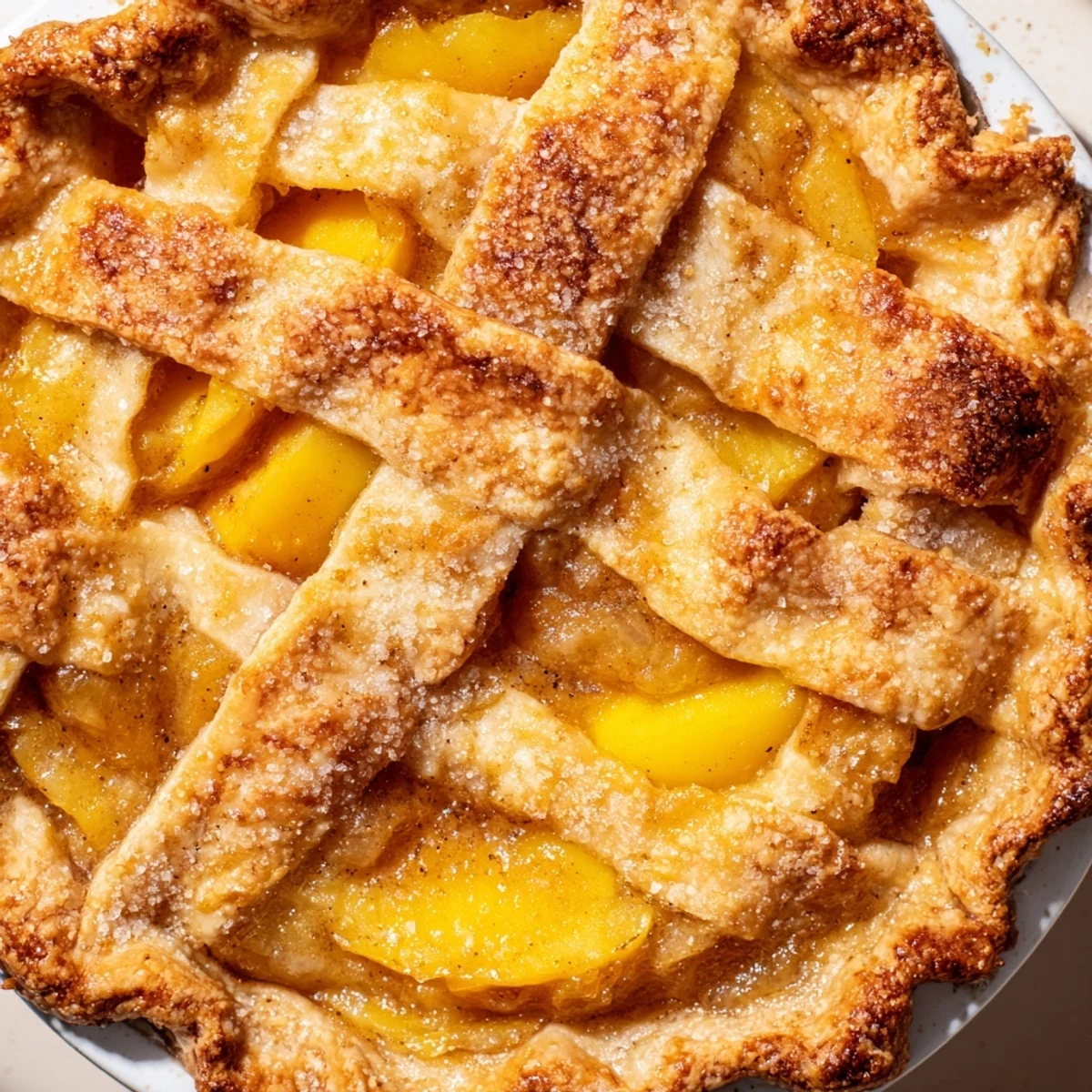 Golden, bubbly Peach Pie with a flaky crust, perfect for a summer dessert and holiday tables.