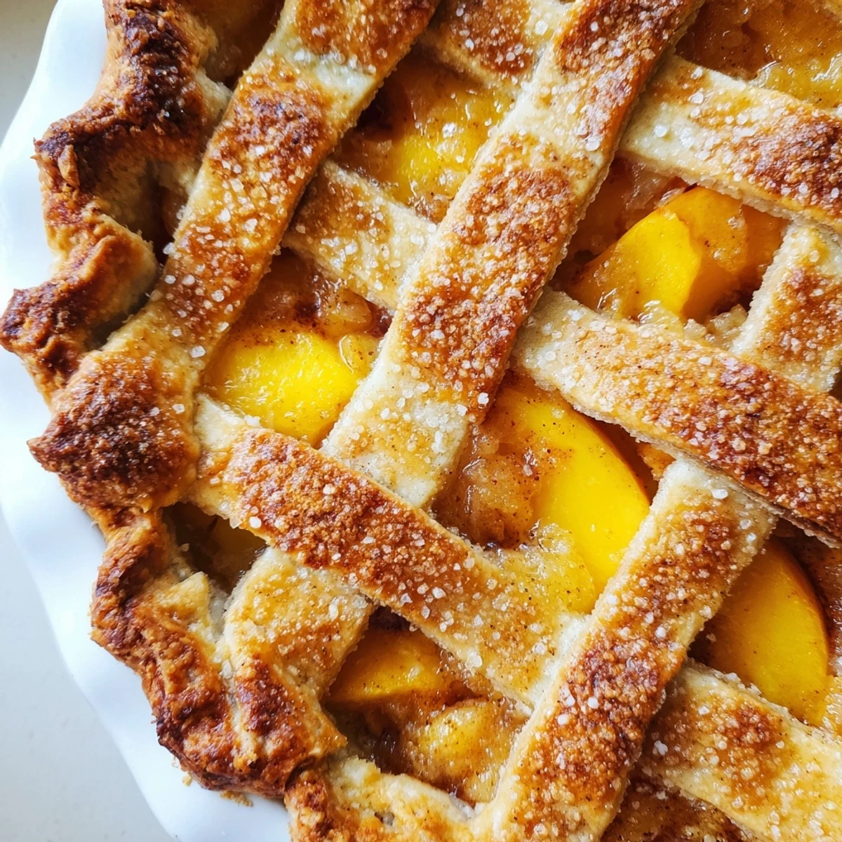 Warm Peach Pie, fresh from the oven, showing off a gorgeous golden-brown crust and juicy filling.
