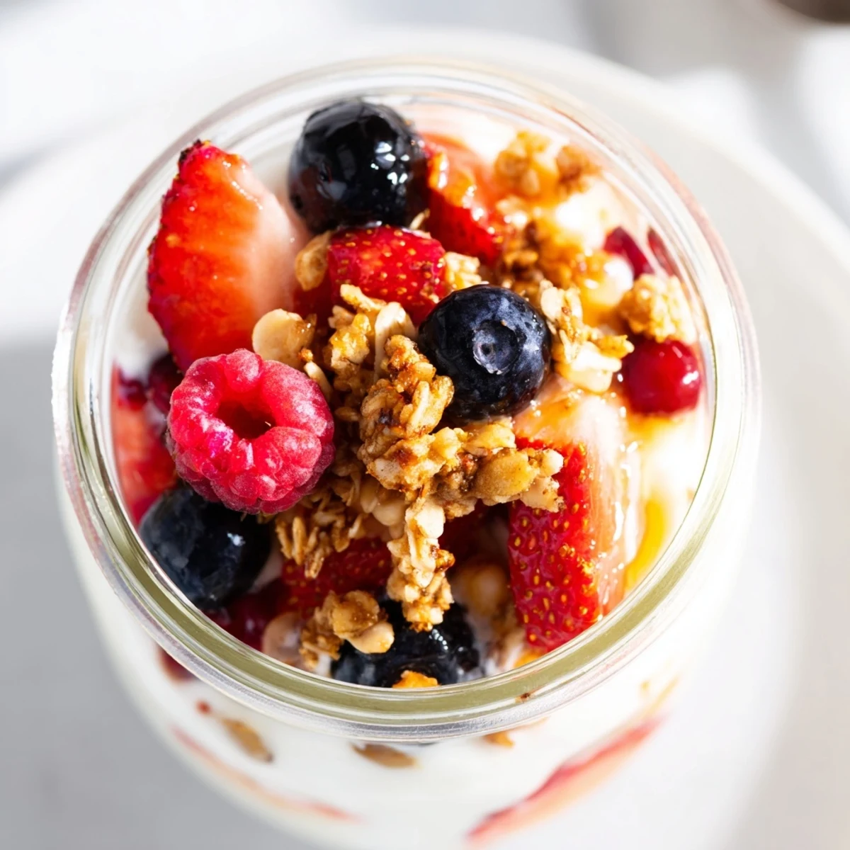 Vibrant layered Berry Parfait with fresh berries, crunchy granola, and creamy yogurt, a perfect breakfast.