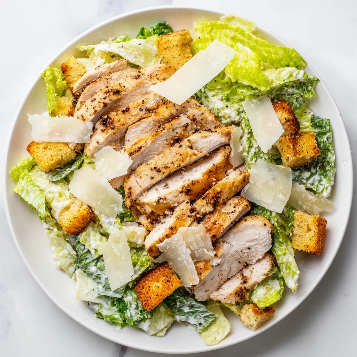 Crisp romaine salad with grilled chicken slices of delicious Chicken Caesar Salad.