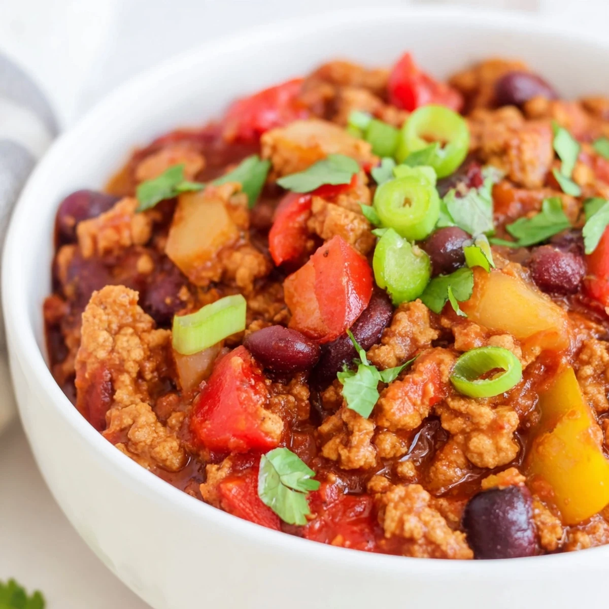 A steaming bowl of turkey chili with visible beans, tomatoes, and a savory aroma wafts from it.
