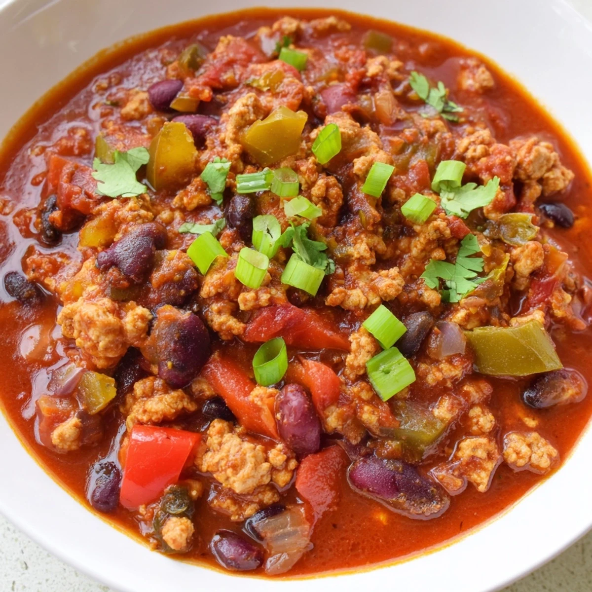 Rich red turkey chili in a Dutch oven, simmering gently—a flavorful, hearty meal is coming!