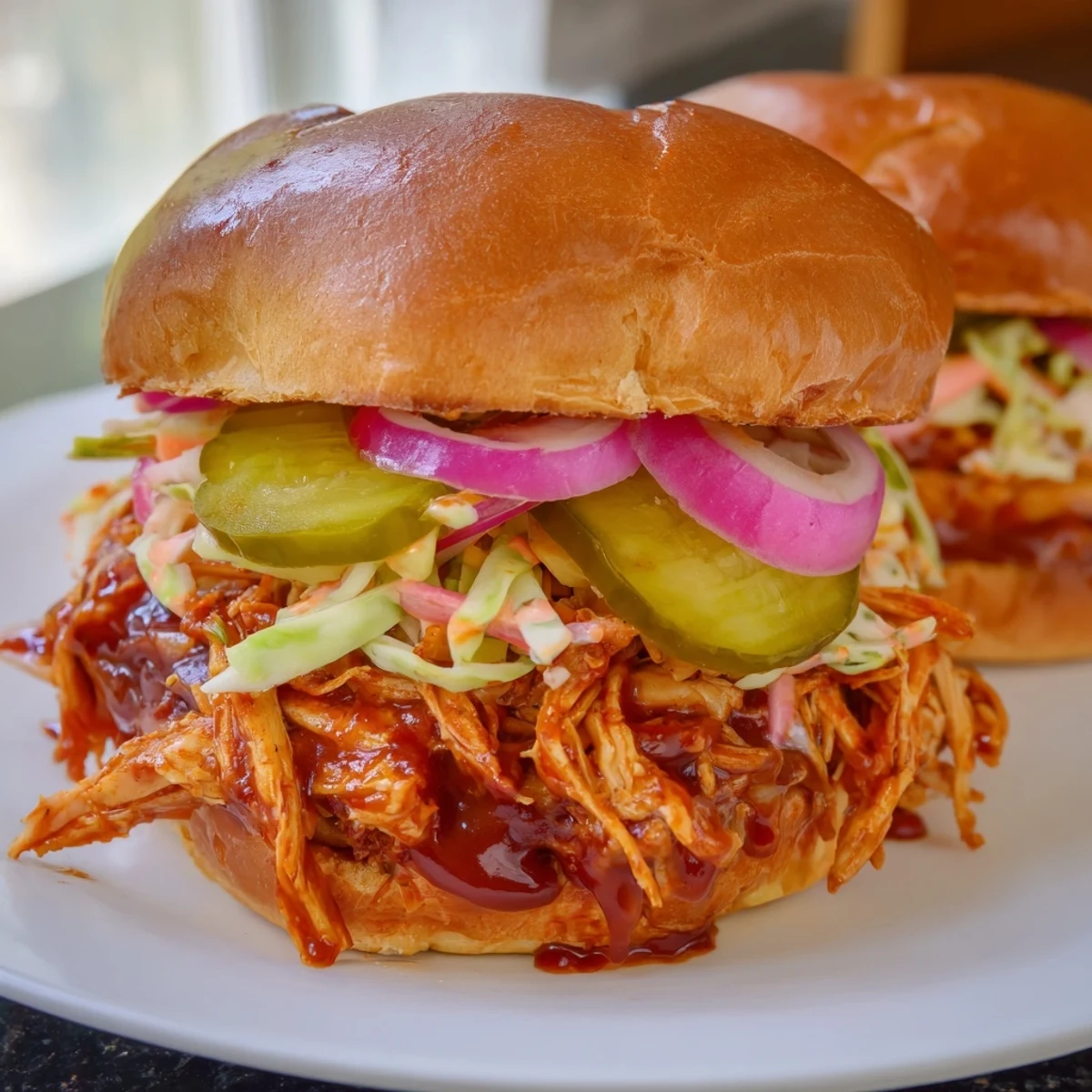 Juicy BBQ chicken sandwich on a toasted bun, overflowing with smoky flavors and crunchy coleslaw.
