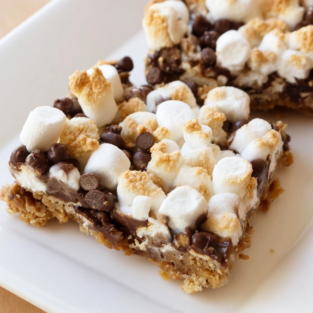 Gooey Smores Bars with golden marshmallows and melted chocolate, perfect for a sweet treat.