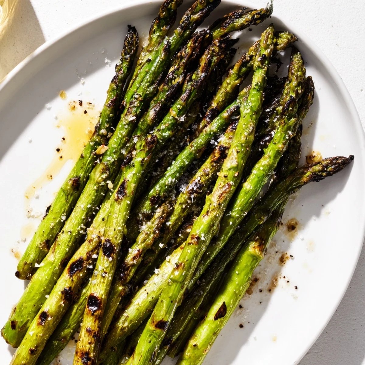 Golden, grilled asparagus spears glistening with olive oil and seasoned to perfection, ready to enjoy as a flavorful side.