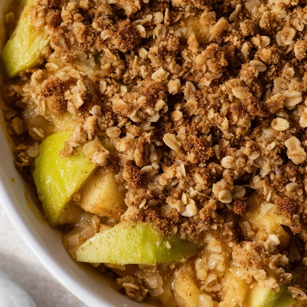 Buttery, crumbly topping melting over spiced apples; a classic Apple Crumble dessert.