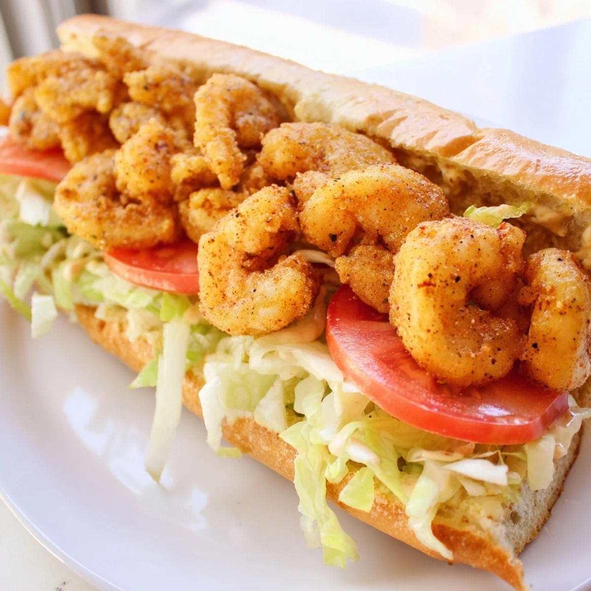 A generous Shrimp Po Boy, bursting with ingredients, is served with lemon wedges for a tasty meal.