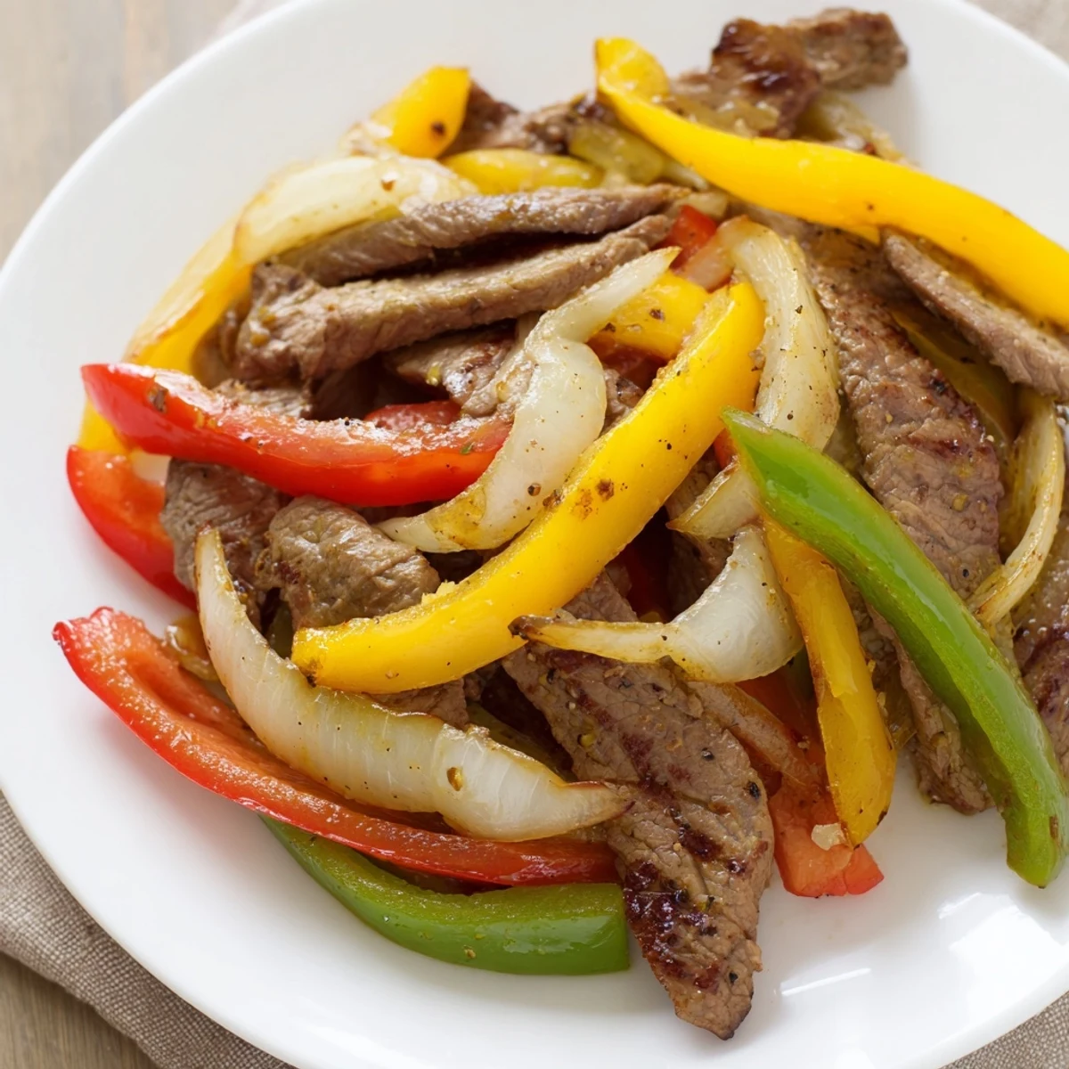 A close-up shot of cooked Steak Fajitas, with perfectly seared beef and vegetables ready to serve.