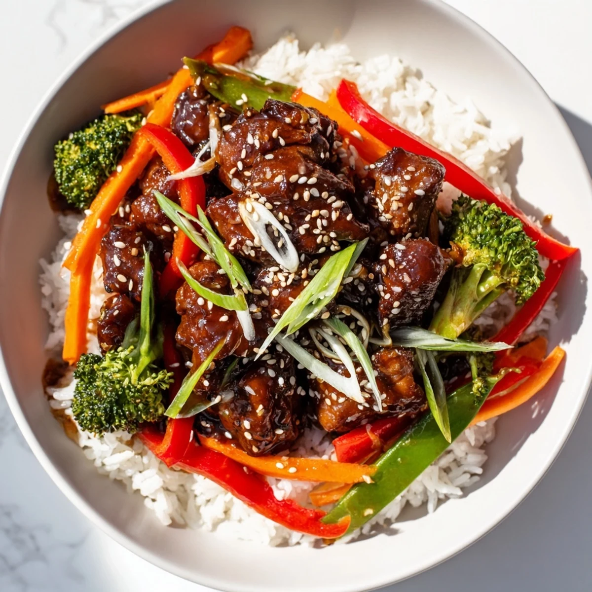 Golden teriyaki chicken bowl with glistening sauce, colorful veggies, and fluffy rice ready to enjoy.