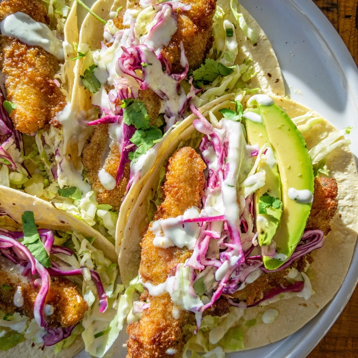 Golden-brown Baja fish tacos, crispy fish with lime sauce, fresh cabbage, ready to eat.