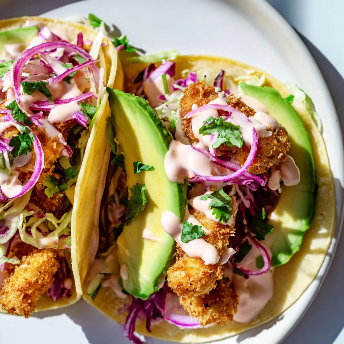 A plate of delicious Baja fish tacos, showcasing flaky fried fish and colorful toppings.