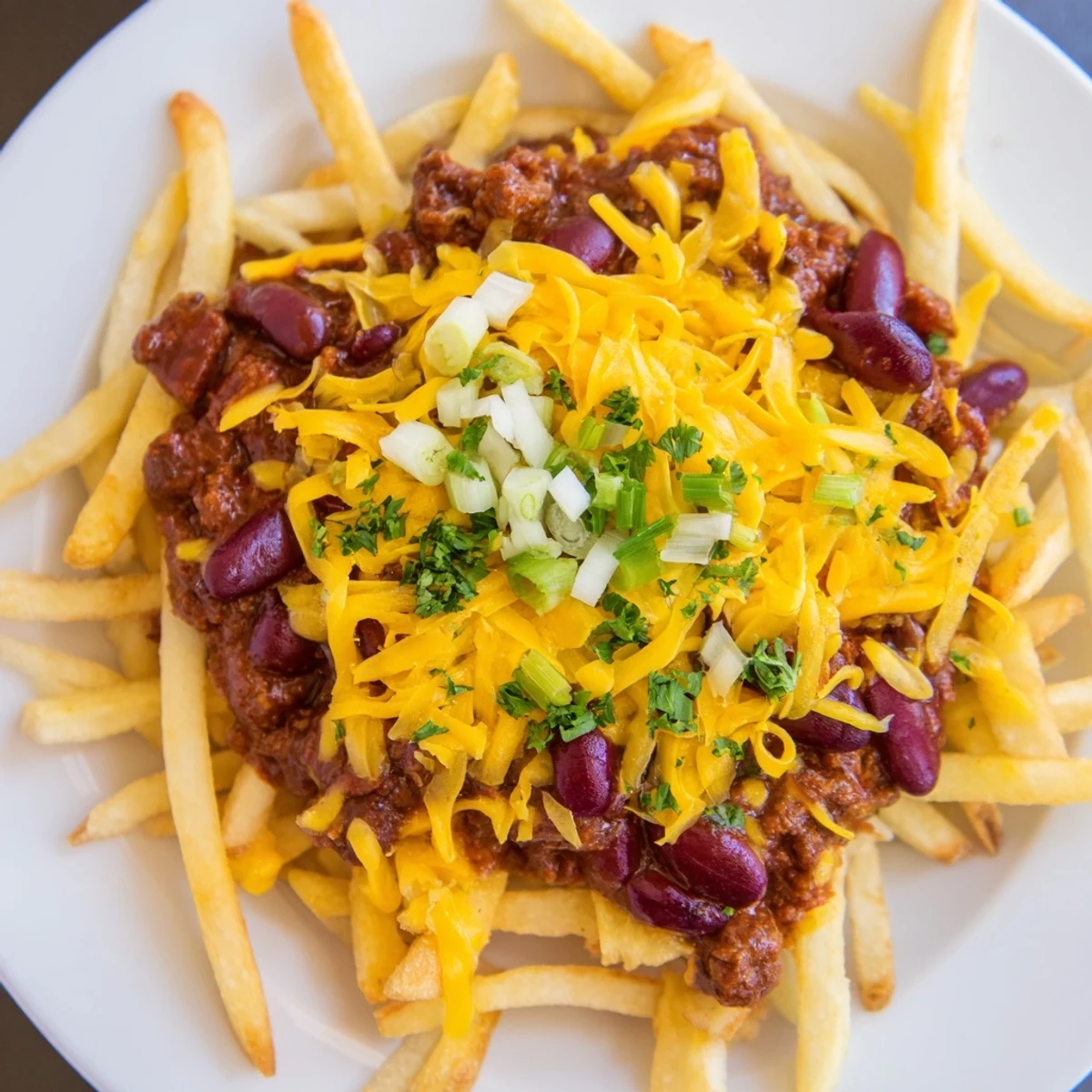Golden, crispy Chili Cheese Fries loaded with hearty beef chili and melted cheddar cheese, a perfect snack.