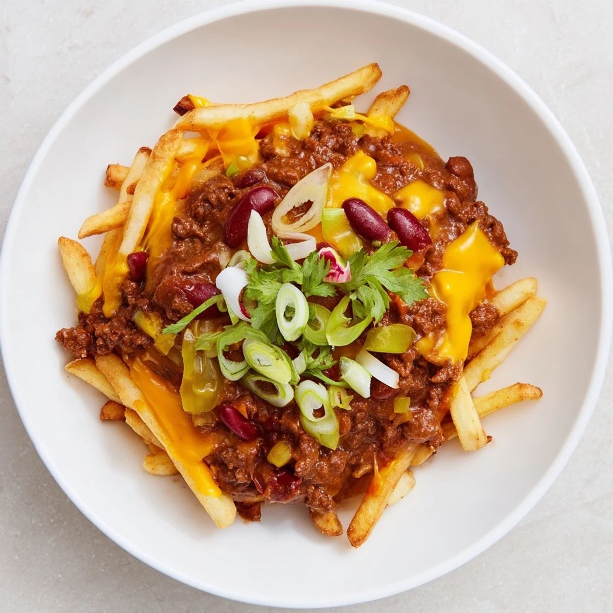 Get a taste of these cheesy, saucy Chili Cheese Fries, topped with fresh green onions for brightness.