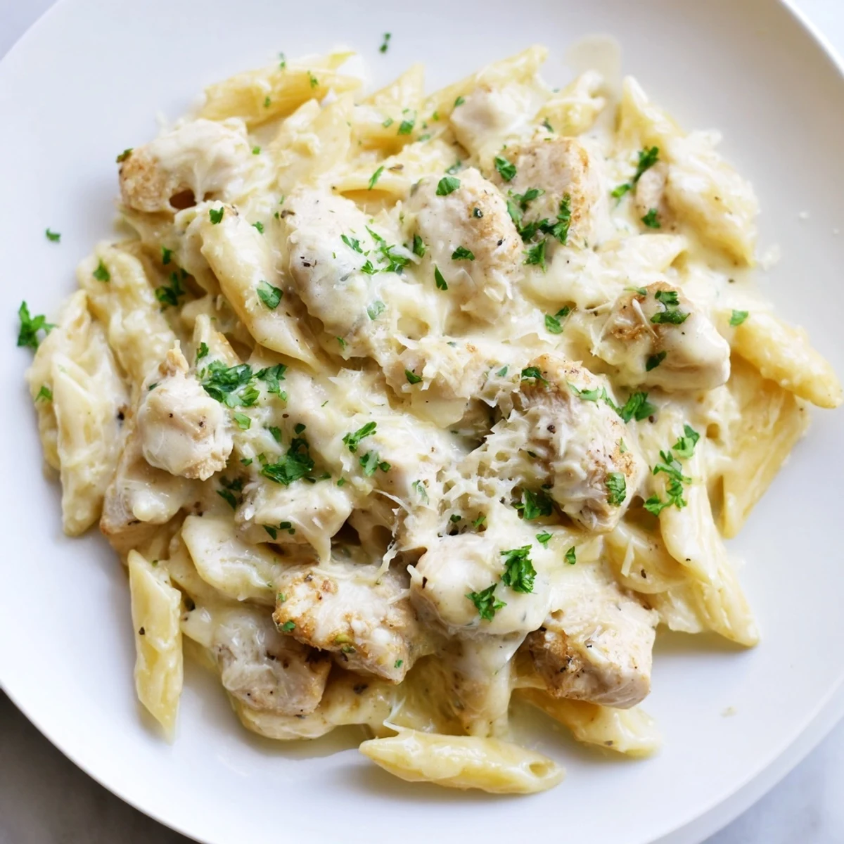 Chicken Alfredo Bake, bubbling hot in a baking dish, offers a creamy, cheesy pasta delight.