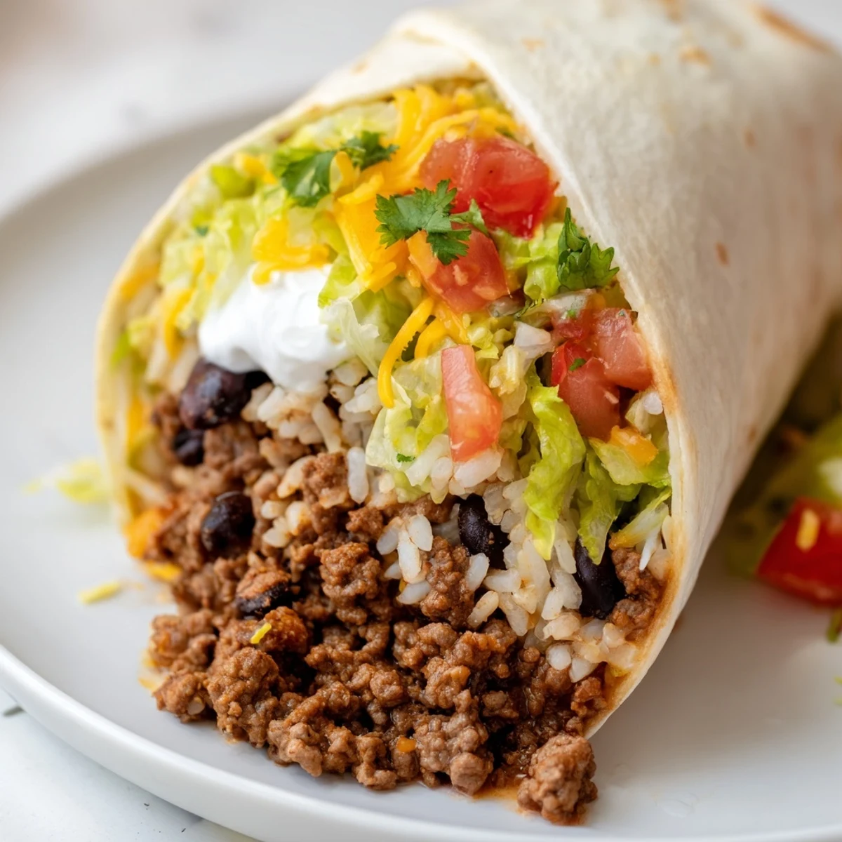 Warm, cheesy beef burrito, filled with savory seasoned ground beef and wrapped in a flour tortilla.