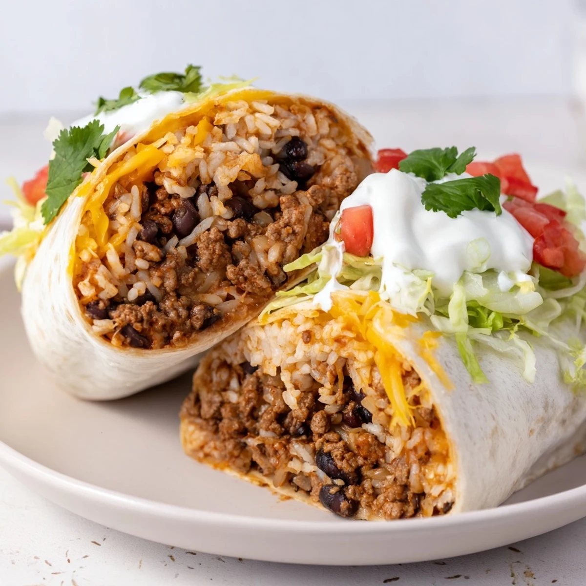 A close-up shot of a delicious beef burrito with overflowing fillings, ready to eat and enjoy.