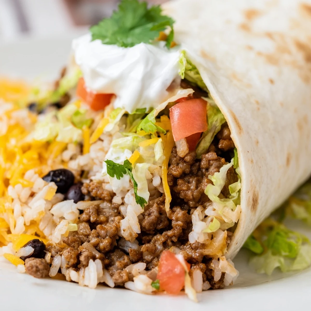 Freshly assembled beef burrito, showcasing layers of rice, beans, and beef, perfect for a hearty dinner.