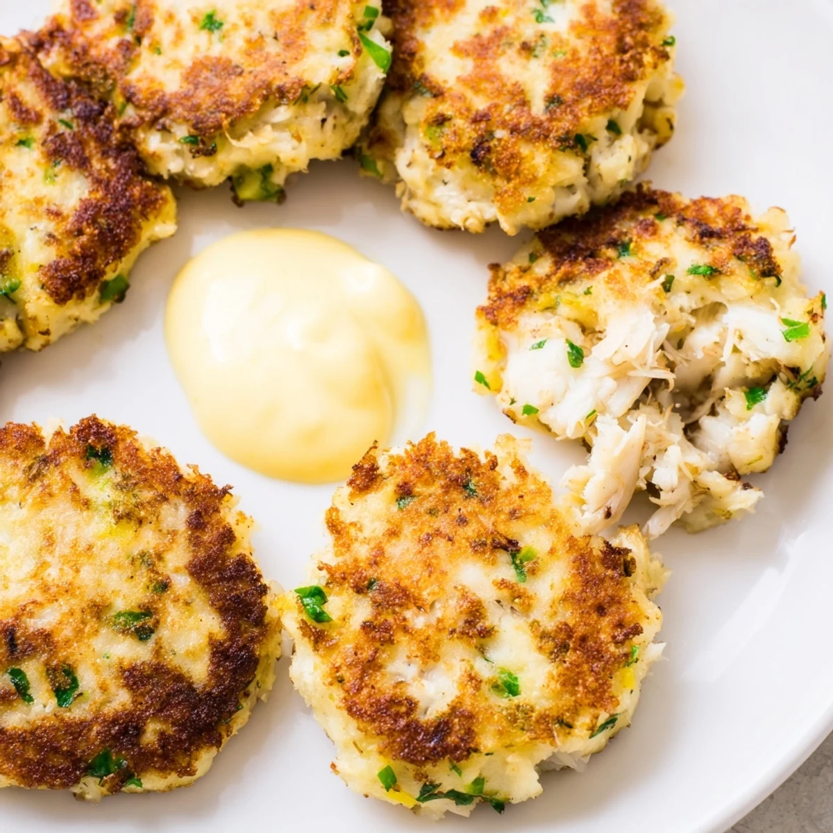 Golden-brown crab cakes, perfectly pan-fried, ready to savor with zesty, creamy sauce.