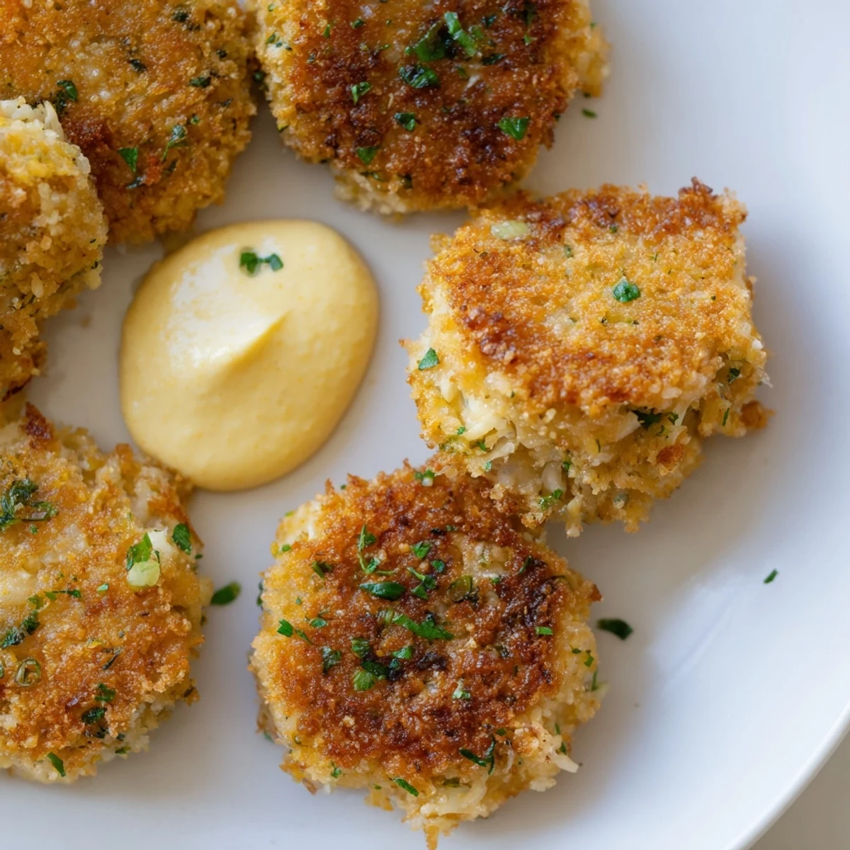 Close-up of freshly made crab cakes, featuring succulent crab and crispy breadcrumb coating.