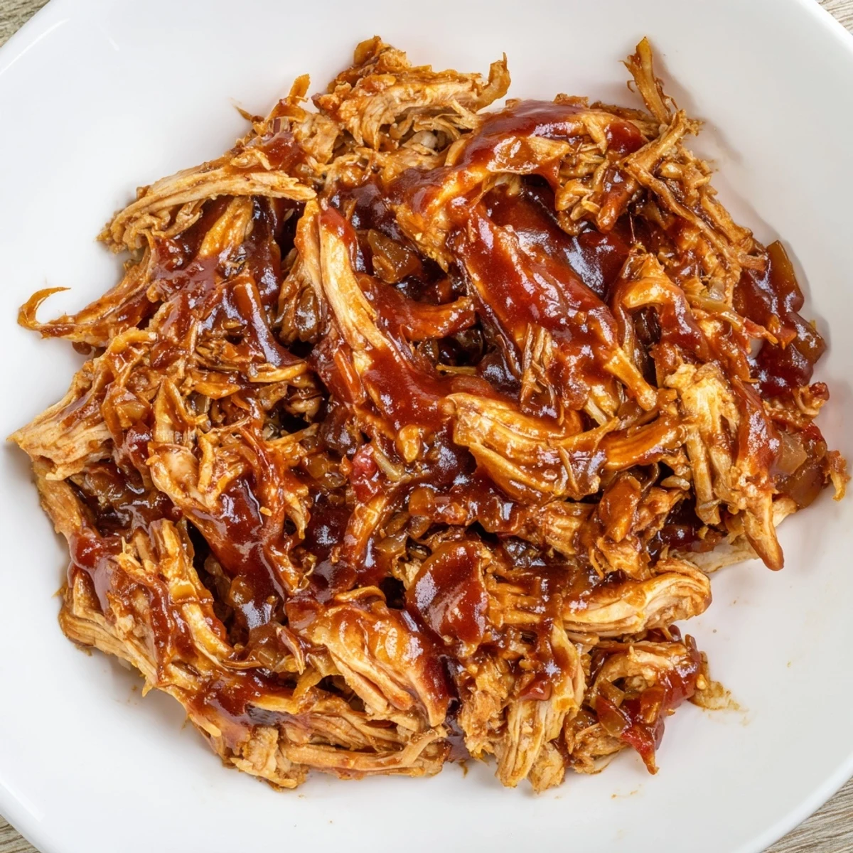Tender BBQ pulled chicken, glistening and saucy, ready to serve on toasted buns for a tasty meal.