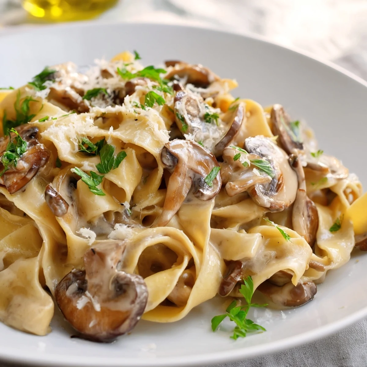 Freshly cooked Creamy Mushroom Alfredo pasta, loaded with sautéed mushrooms and garnished with parsley.  