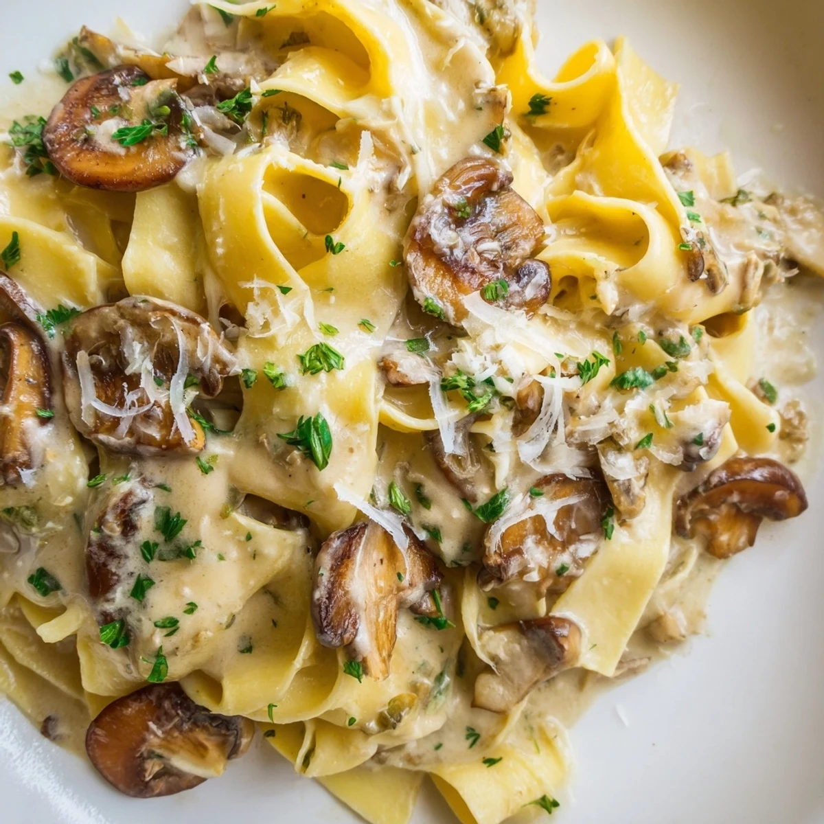 A close-up of Creamy Mushroom Alfredo pasta, featuring golden sautéed mushrooms and a rich, velvety sauce.  