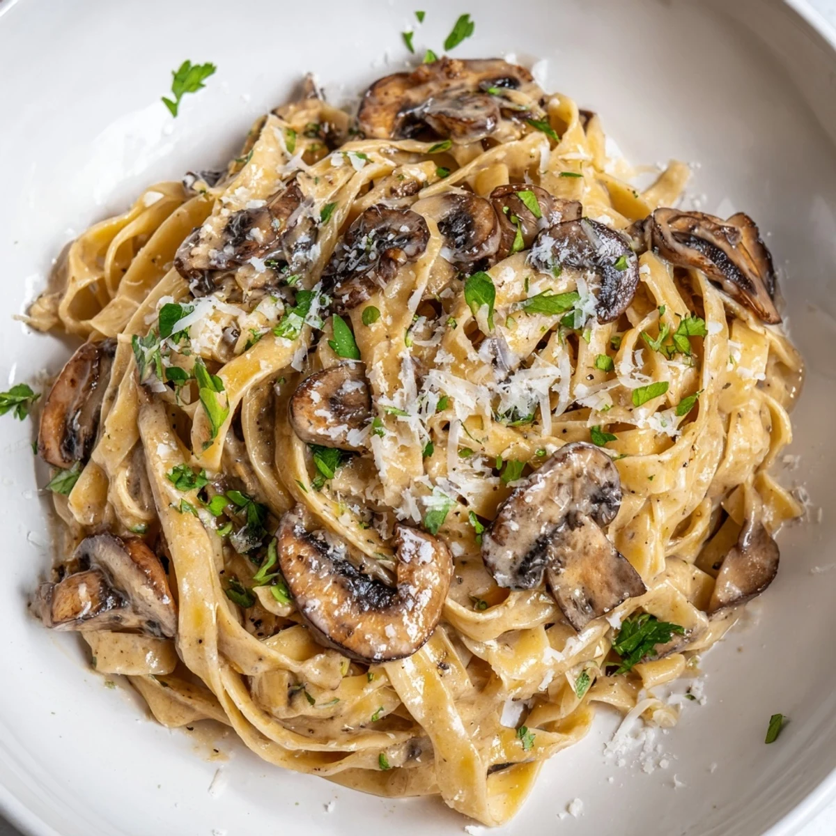 Steaming plate of Creamy Mushroom Alfredo, showcasing al dente fettuccine tossed in a creamy garlic Parmesan sauce.