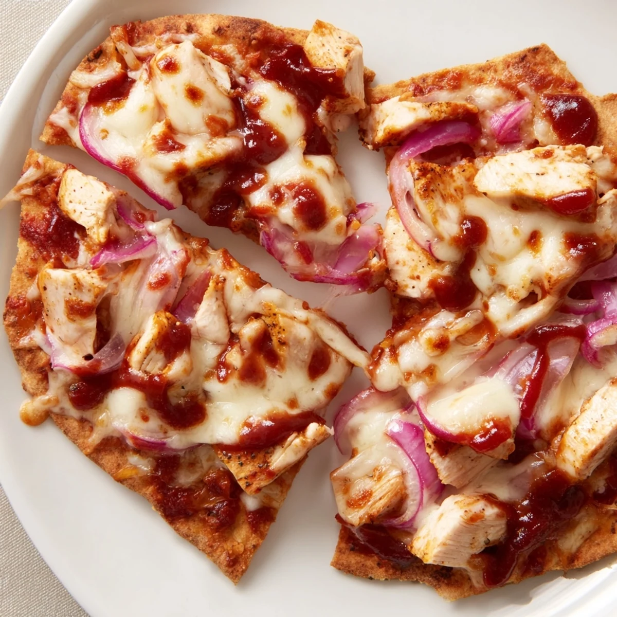 A crispy BBQ Chicken Flatbread topped with melted mozzarella, grilled chicken, and red onion slices on a rustic wooden board.