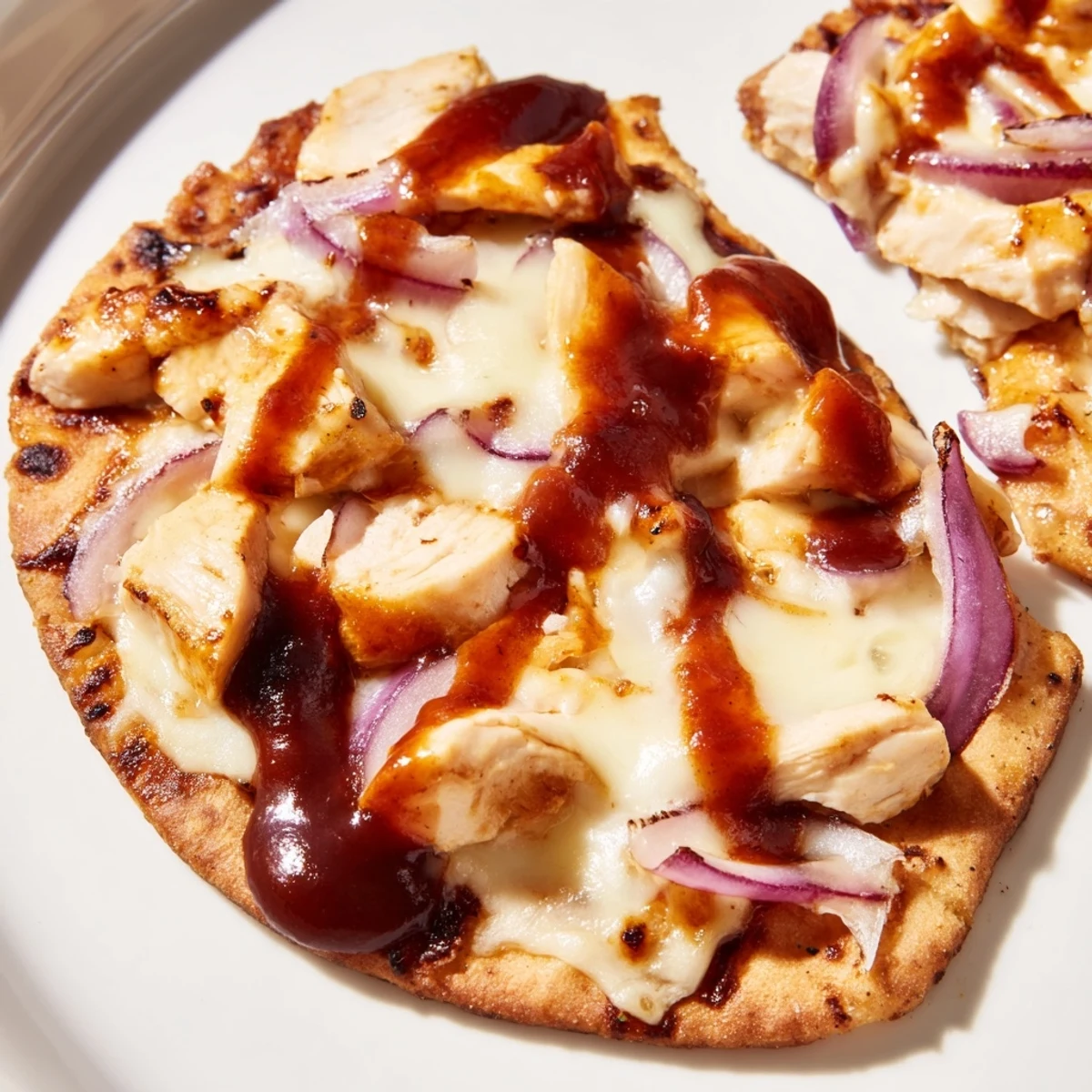 Golden-baked BBQ Chicken Flatbread with gooey cheese and tangy sauce drizzle, served on a cutting board with fresh cilantro garnish.