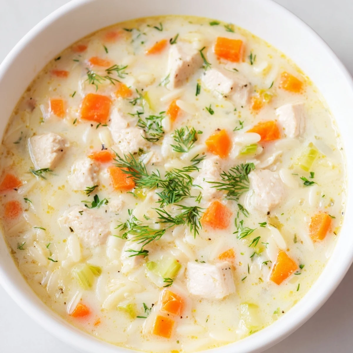 Chicken Lemon Orzo Soup in a rustic white bowl is garnished with fresh dill and parsley, steam rising invitingly from the savory broth.