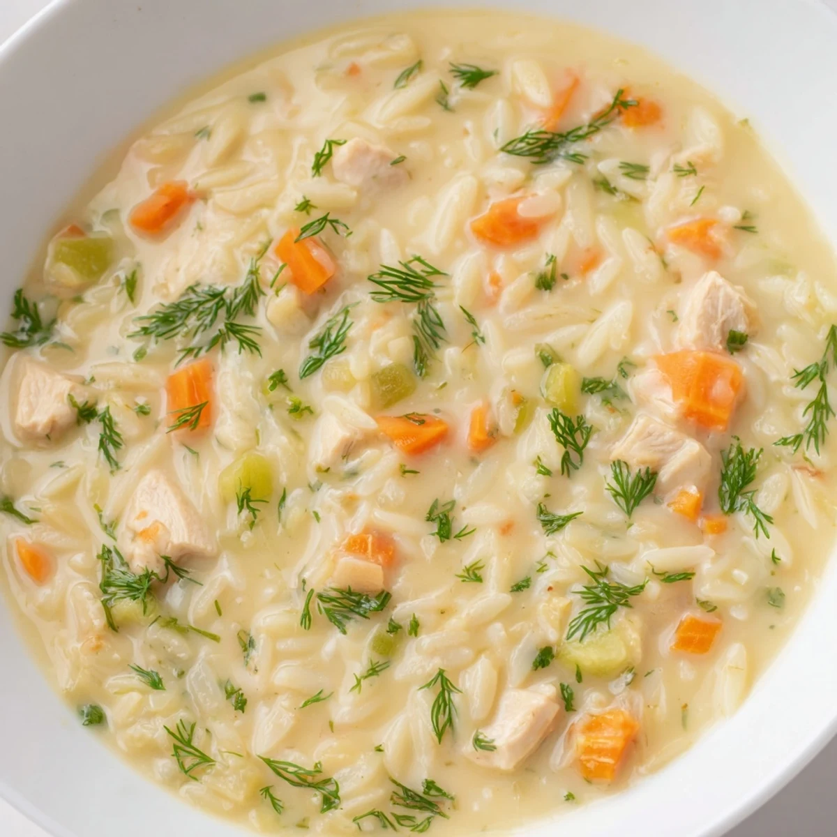 Close-up of Chicken Lemon Orzo Soup features cooked chicken, carrots, celery, and orzo pasta, perfect for a comforting weeknight dinner.