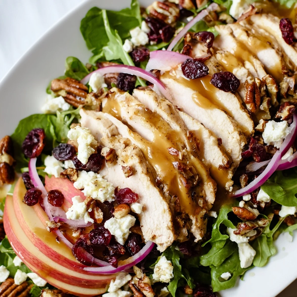 Savory and sweet Caramel Apple Chicken Salad plated with juicy apples, sliced chicken breast, and toasted pecans for a perfect autumn dinner.