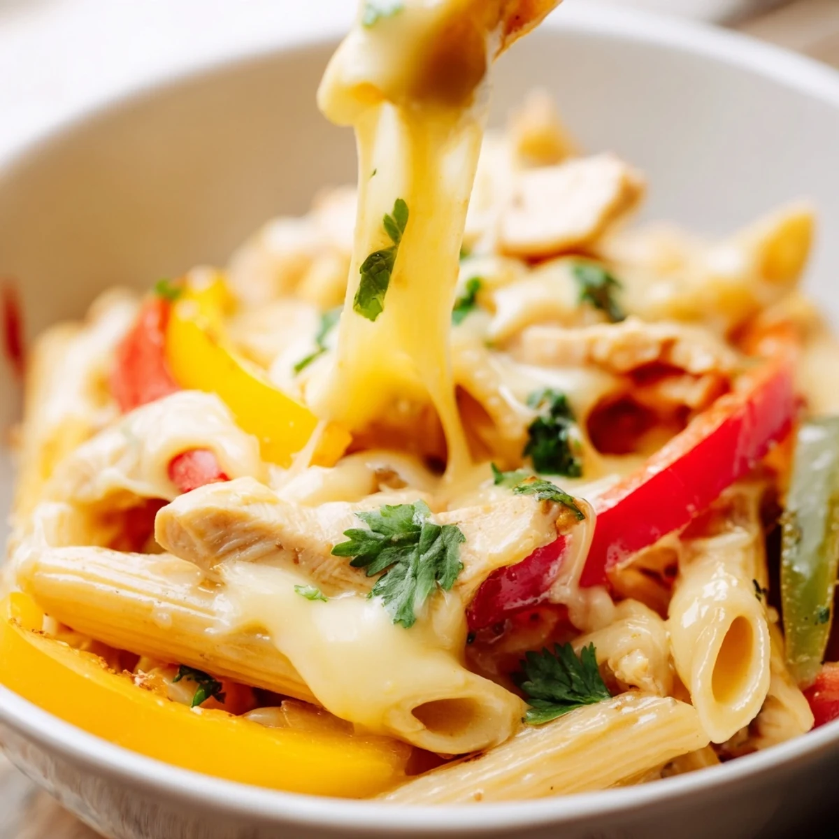 Tender chicken strips, vibrant bell peppers, and penne pasta simmered in a creamy, zesty fajita sauce, garnished with melted cheese and fresh cilantro.