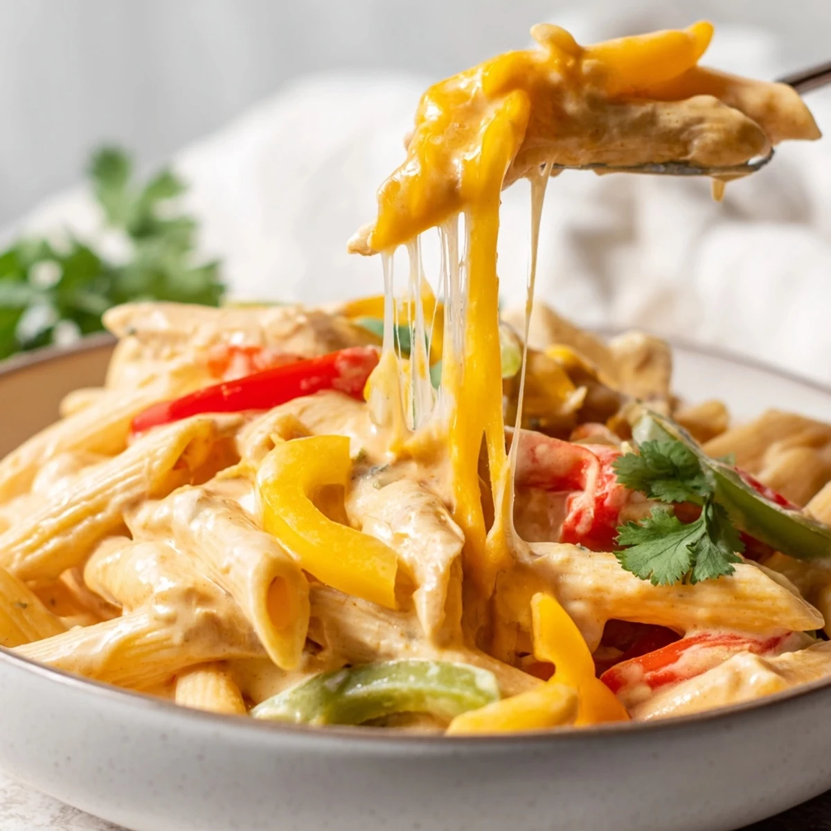 Steam rises from the one-pan Chicken Fajita Pasta Skillet, featuring colorful vegetables and melted cheddar over a hearty, weeknight Tex-Mex meal.