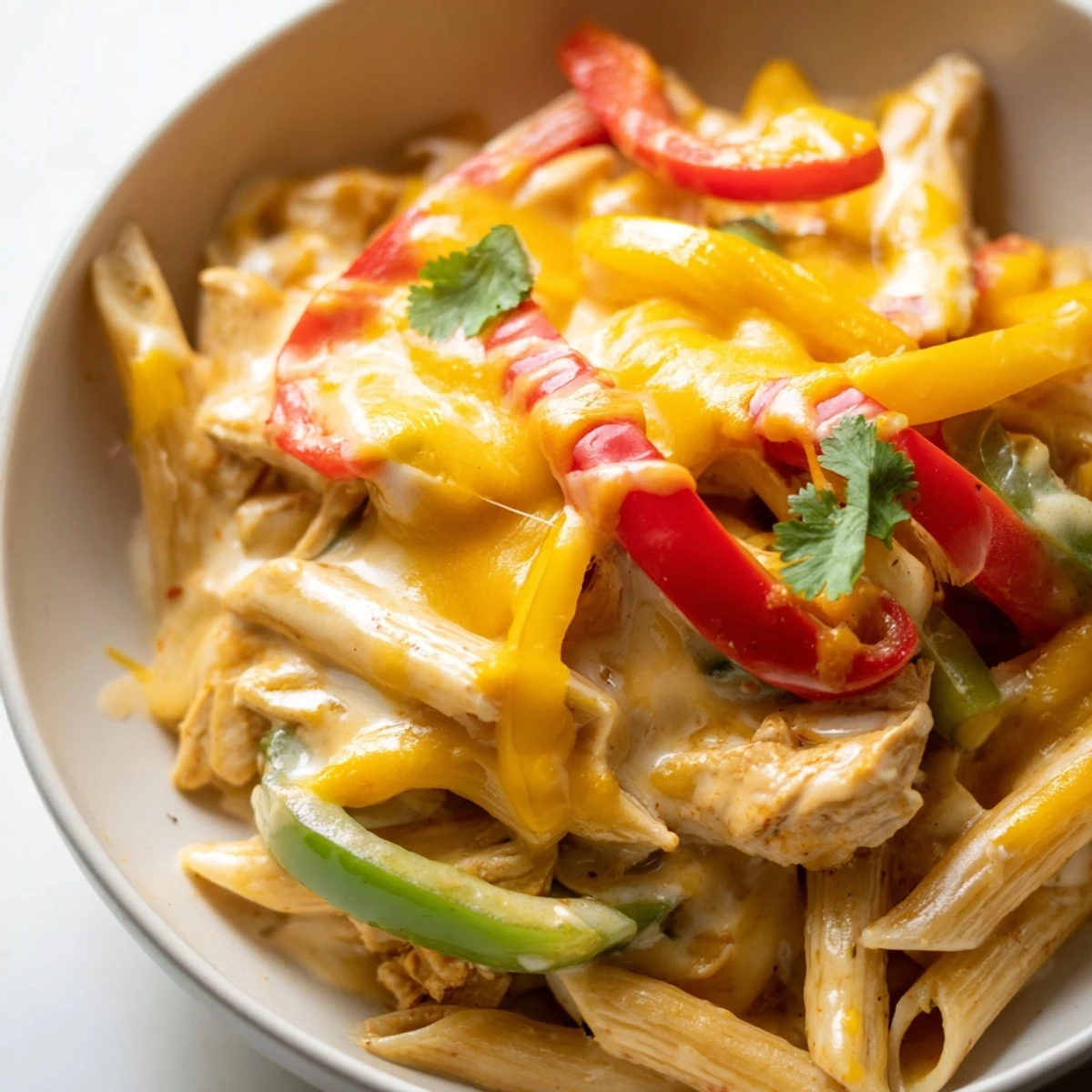 Sliced chicken, sautéed onions, and peppers twirl with pasta in a rich, spiced cream sauce, ready to be squeezed with fresh lime.