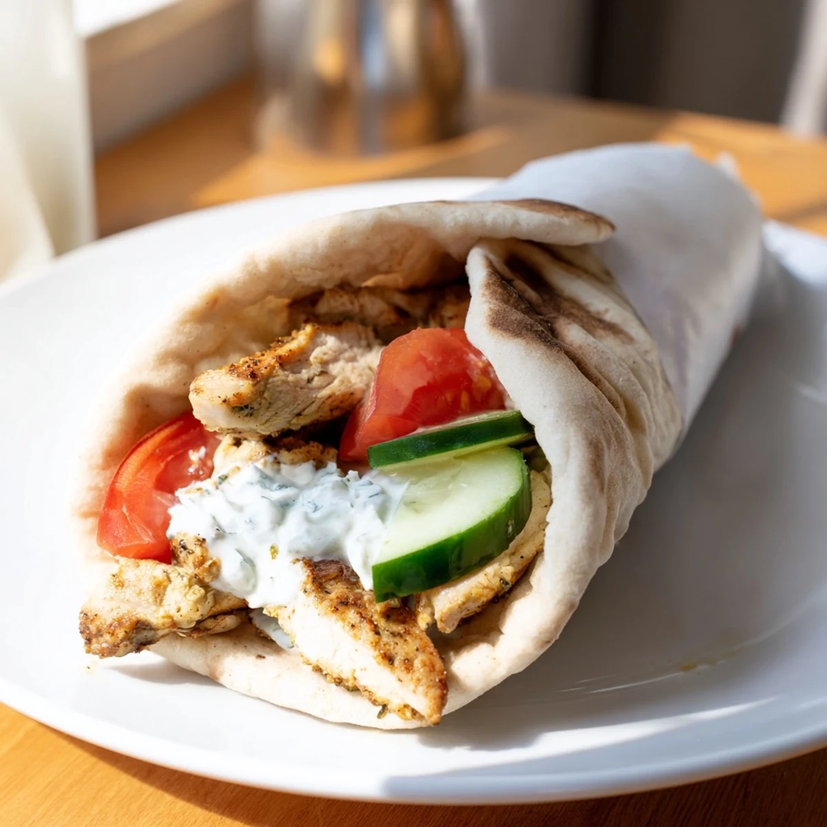 Greek Chicken Wrap stuffed with juicy grilled chicken, cool tzatziki, crisp cucumber, and ripe tomato on soft pita.