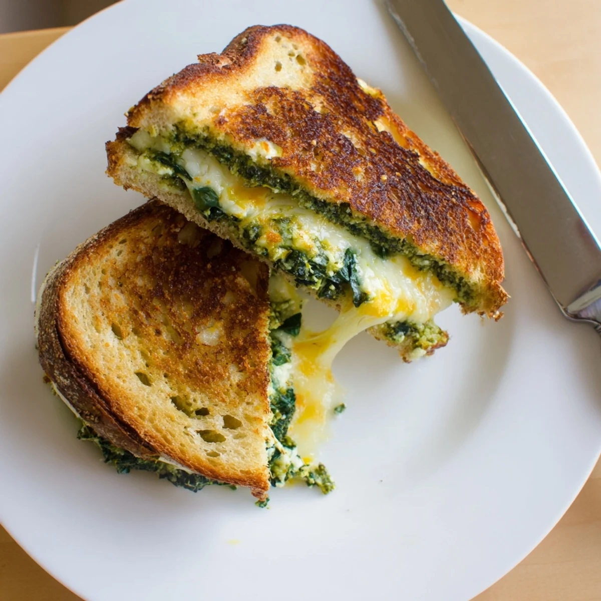 Golden, crispy sourdough sandwiches filled with gooey melted mozzarella and sharp cheddar, spread with vibrant spinach pesto on a rustic wooden board.  