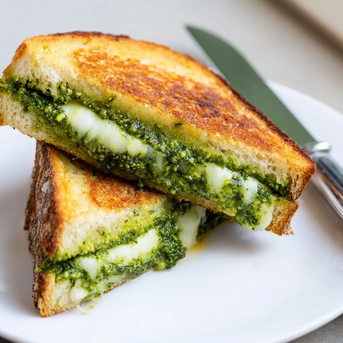 A close-up of a Spinach Pesto Grilled Cheese sandwich, highlighting the melted cheese pull and bright green pesto spread between buttery bread slices.  