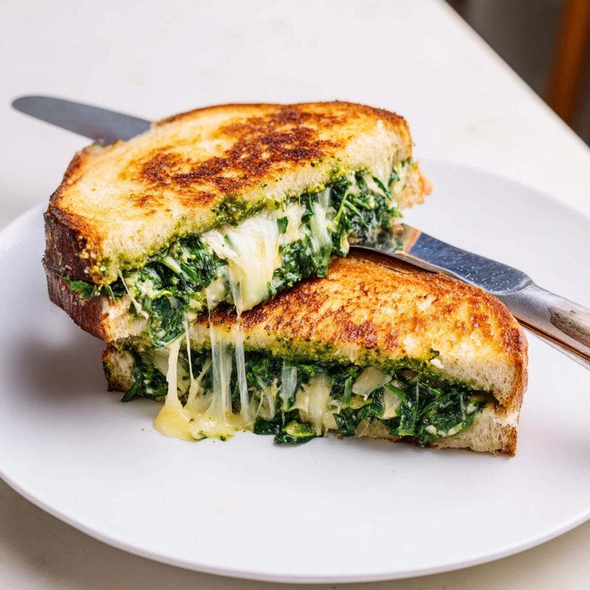 Two golden-brown grilled cheese sandwiches sliced in half, revealing the garlicky spinach pesto and stringy mozzarella filling, served with a side salad.