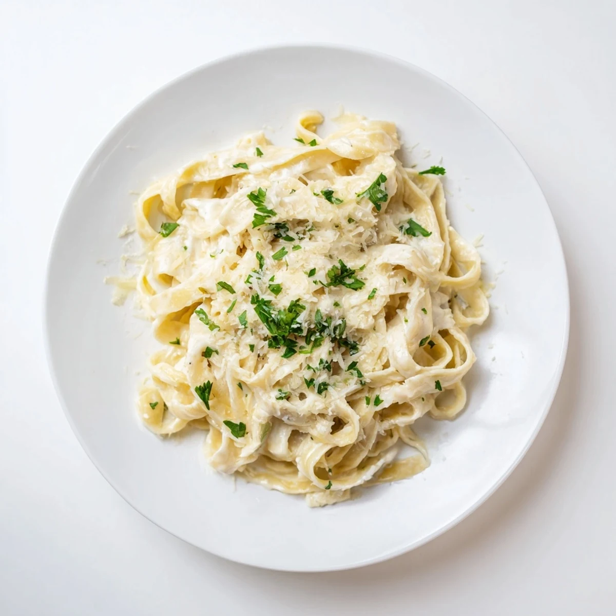 Creamy roasted garlic cream pasta in a white bowl, topped with freshly grated Parmesan and chopped parsley for a vibrant garnish.