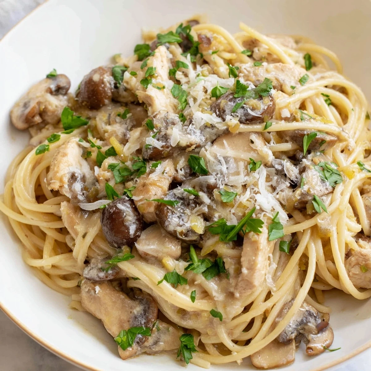 A comforting bowl of Creamy Mushroom Chicken Spaghettini with sautéed mushrooms and spinach in a creamy sauce.