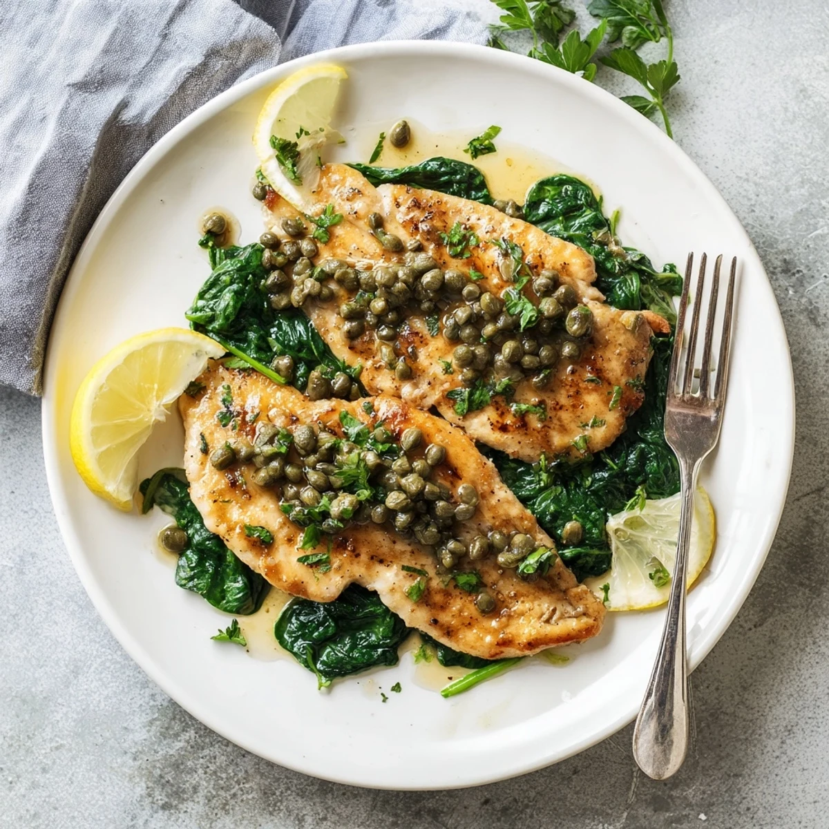 Golden-brown chicken cutlets nestled on wilted spinach, drizzled with a bright lemon butter sauce in a skillet.
