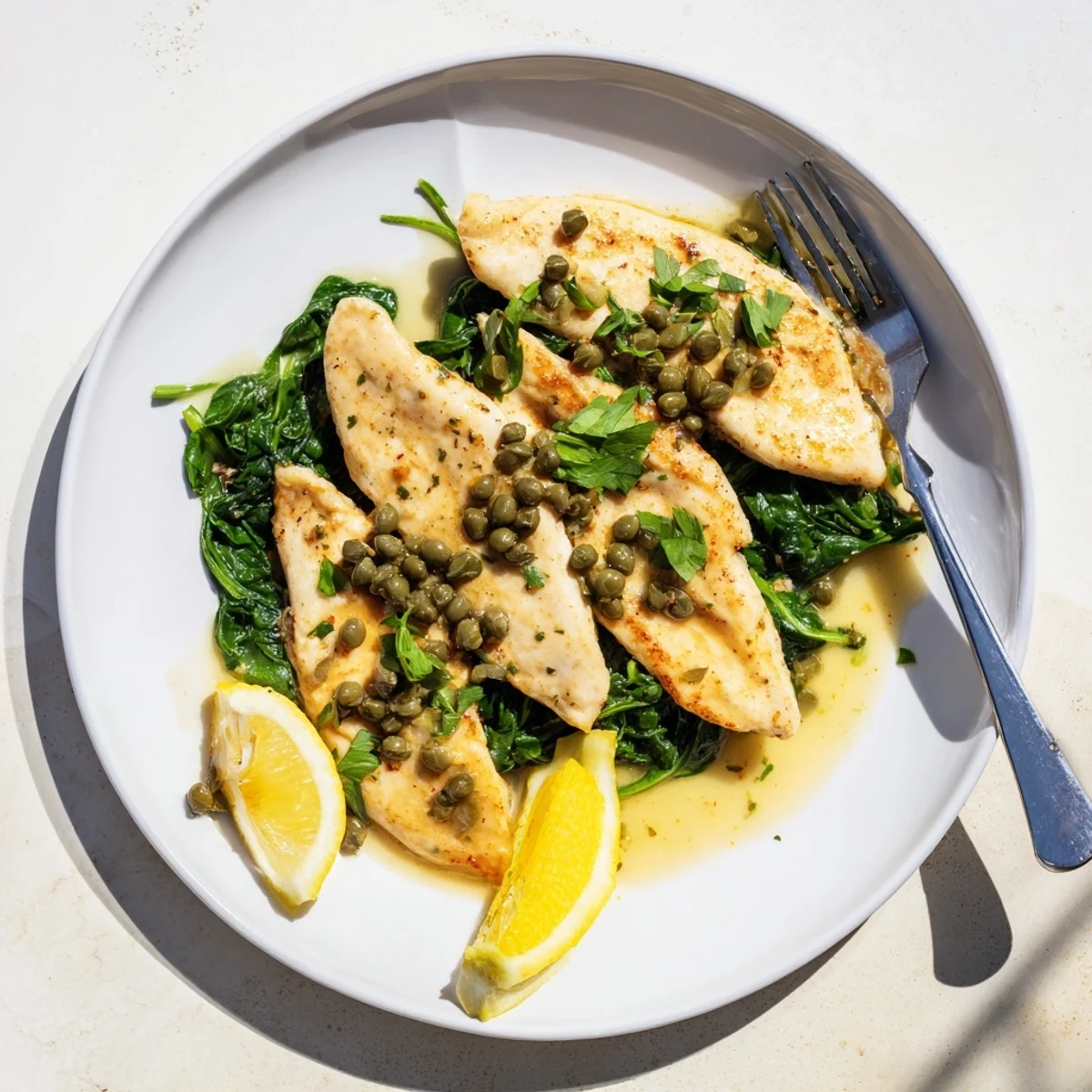Spinach Lemon Butter Chicken served with a lemon slice garnish, presenting an easy weeknight meal for four people.