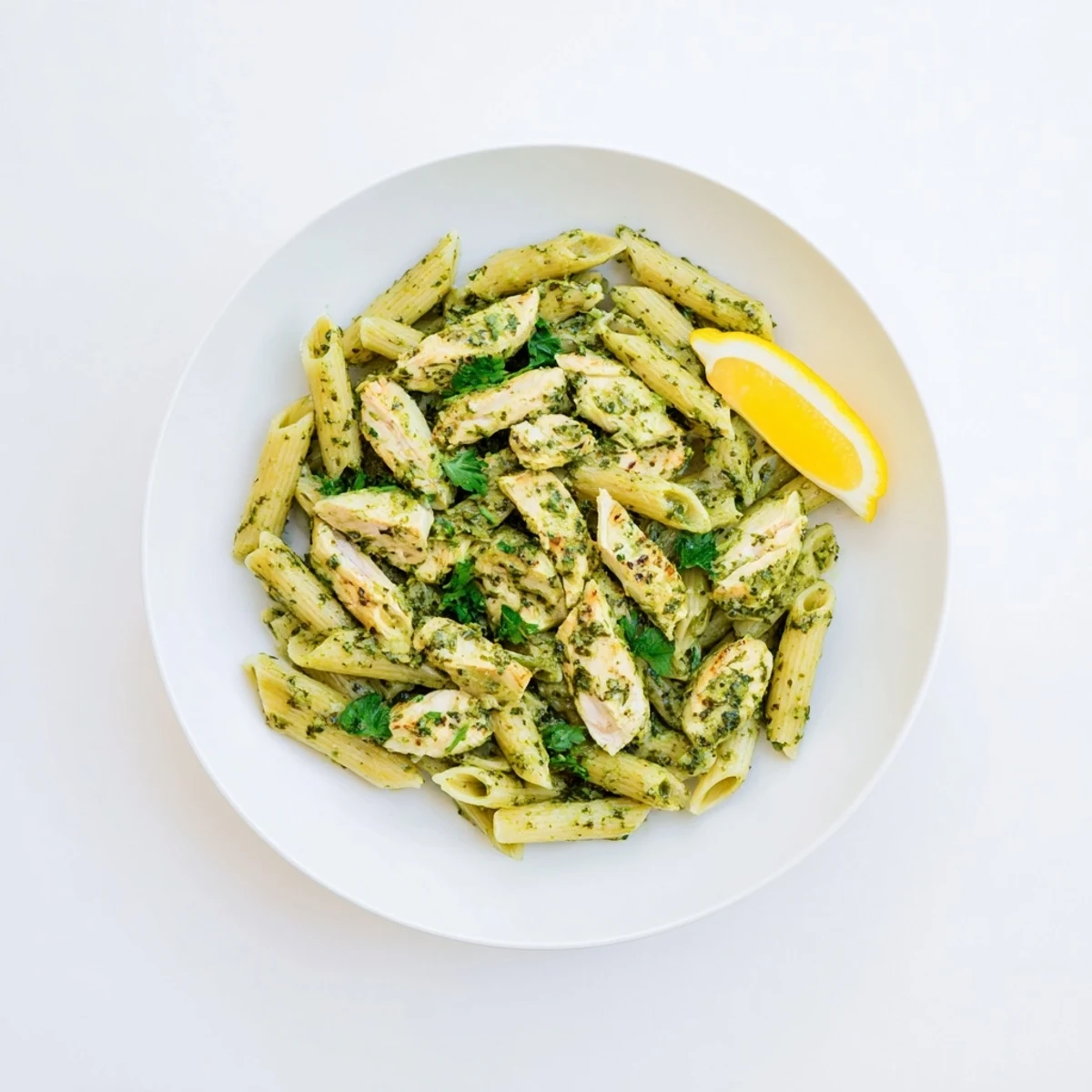 Grilled chicken pieces and penne pasta tossed in a vibrant green chimichurri sauce in a white bowl.