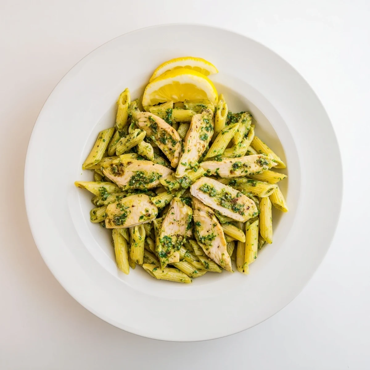 Ready-to-serve Chimichurri Chicken Pasta garnished with lemon wedges on a rustic wooden table for dinner.