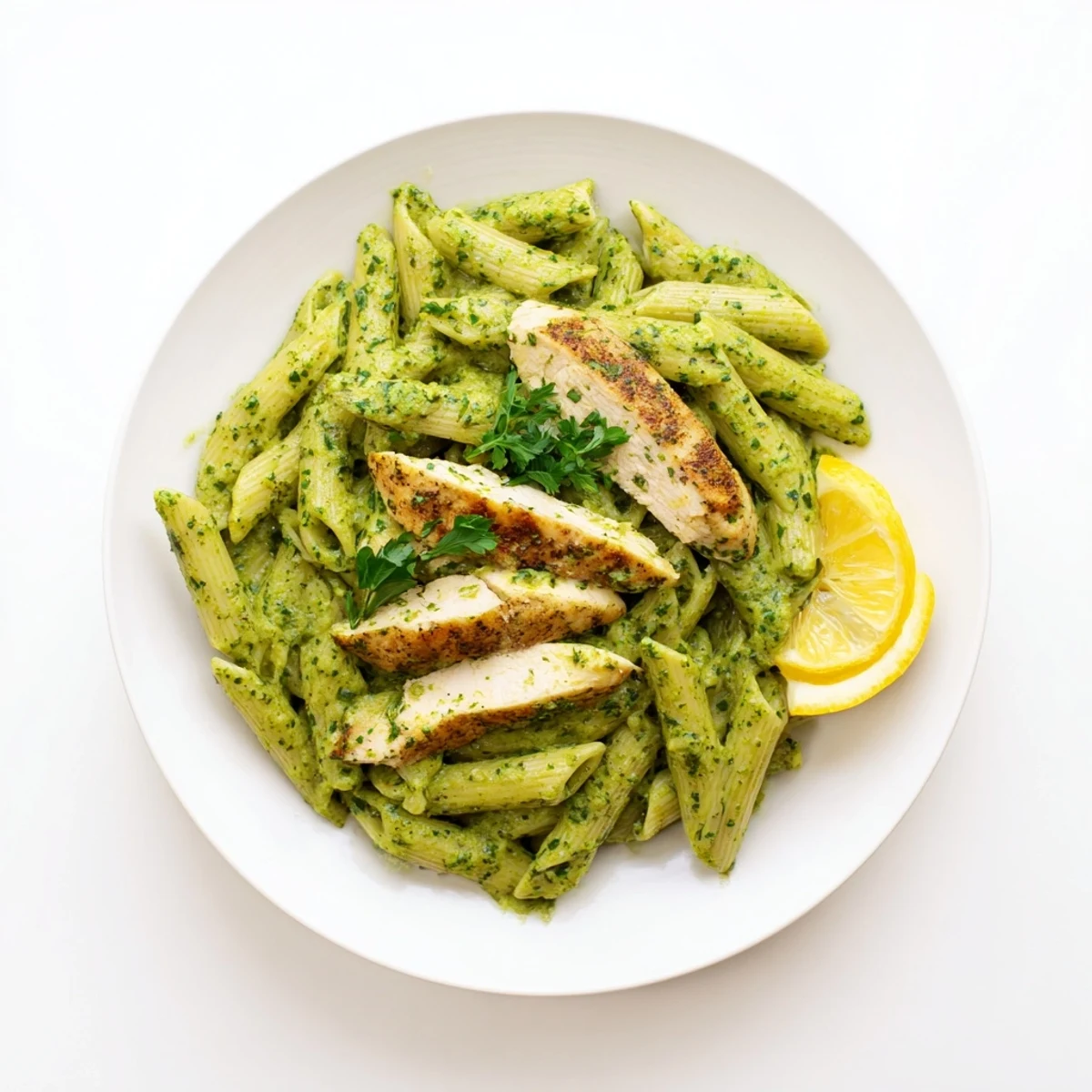 A close-up of Chimichurri Chicken Pasta showing fresh parsley and garlic flecks on al dente noodles.