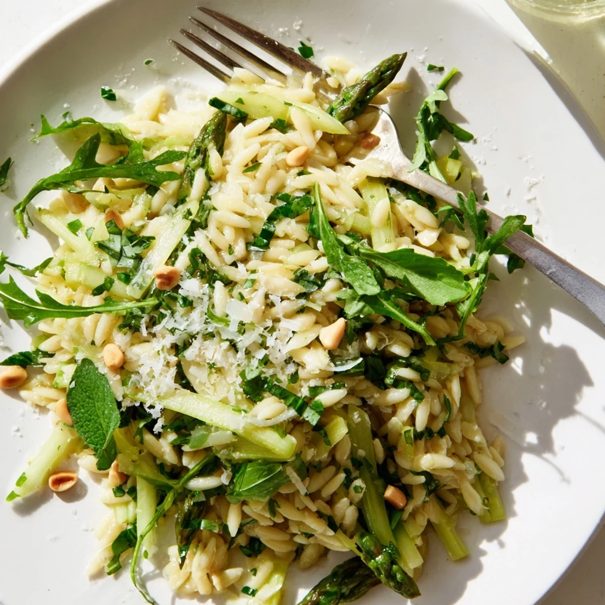 Bright lemon dressing coats the fresh asparagus and orzo in this colorful Asparagus Lemon Orzo Salad, garnished with parsley and Parmesan.