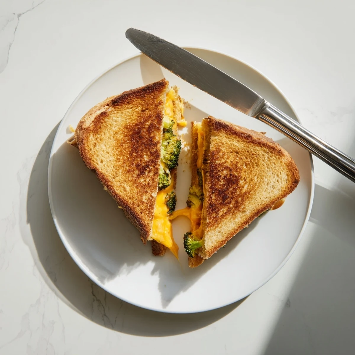 Golden brown sourdough slices stuffed with roasted broccoli and melted sharp cheddar, cut to reveal gooey, comforting layers.