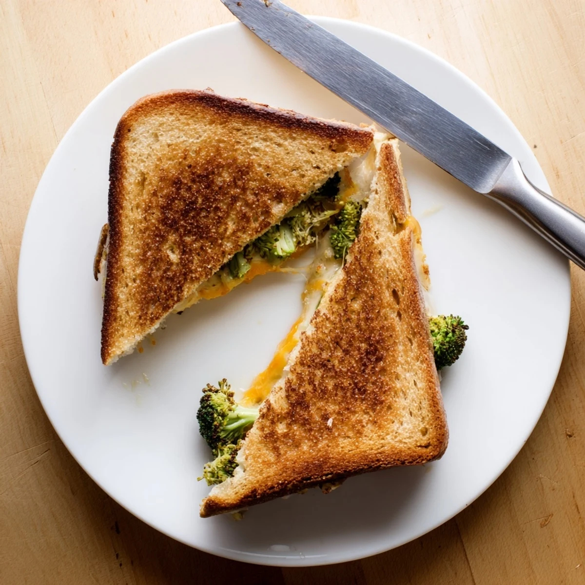 A buttery Roasted Broccoli & Cheddar Grilled Cheese served warm, perfect with a bowl of tomato soup.